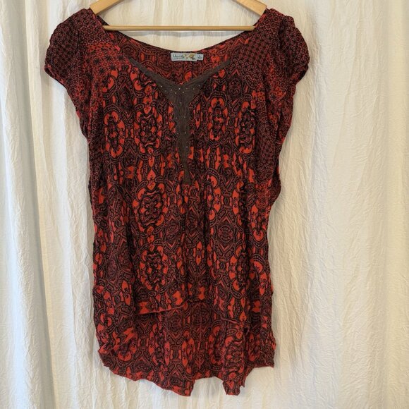 Unity Flowy Babydoll Top Women Size L Red Black Geometric Boho Y2K Whimsigoth - Picture 1 of 5